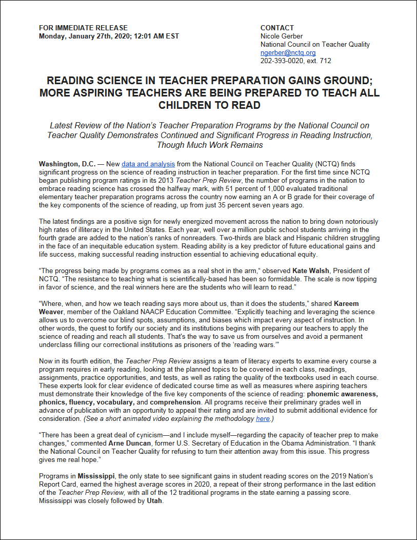 Reading Science in Teacher Preparation Gains Ground; More Aspiring Teachers Are Being Prepared to Teach All Children to Read